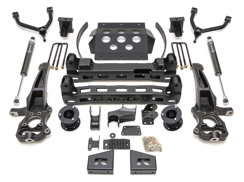 ReadyLIFT Big Lift Kit, full kit on a studio background: ReadyLIFT 6" GM 1500 kit with upper arms, knuckles, crossmembers, skid plate, Falcon shocks and hardware on white