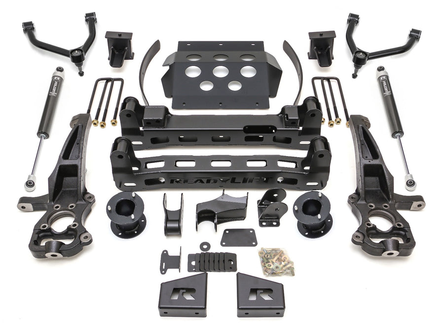 ReadyLIFT Big Lift Kit, full kit on a studio background: ReadyLIFT 6" GM 1500 kit with upper arms, knuckles, crossmembers, skid plate, Falcon shocks and hardware on white