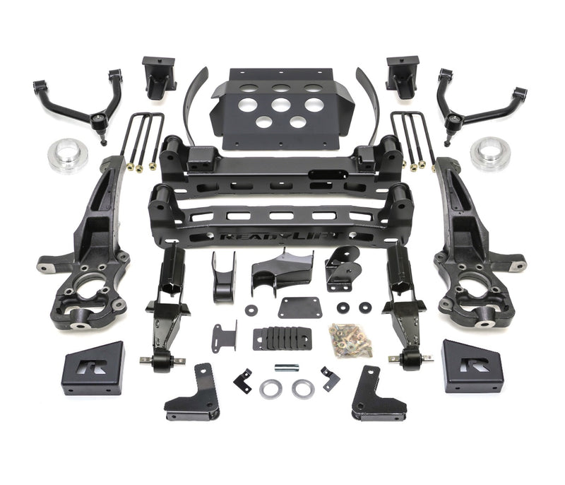 ReadyLIFT Big Lift Kit, full kit on a studio background: ReadyLIFT 8" GM 1500 kit with upper arms, knuckles, crossmembers, skid plate, spacers and hardware on white