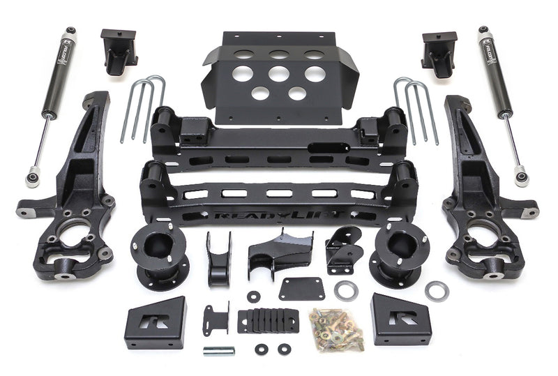 ReadyLIFT Big Lift Kit, full kit on a studio background: ReadyLIFT GM 1500 kit with knuckles, crossmembers, skid plate, spacers, U-bolts, rear Falcon shocks and hardware on white