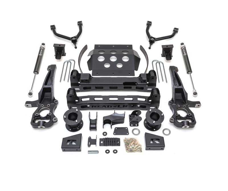 ReadyLIFT Big Lift Kit, full kit on a studio background: ReadyLIFT GM 1500 kit with upper arms, knuckles, crossmembers, skid plate, Falcon shocks and hardware on white