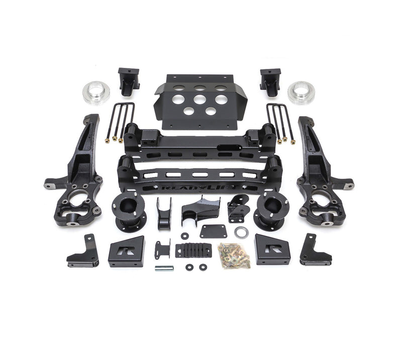 ReadyLIFT Big Lift Kit, full kit on a studio background: ReadyLIFT GM 1500 lift kit with knuckles, crossmembers, skid plate, spacers, blocks, U-bolts and hardware on white