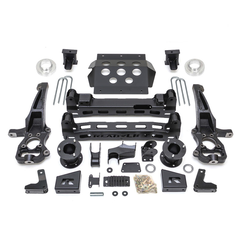 ReadyLIFT Big Lift Kit, full kit on a studio background: ReadyLIFT GM 1500 lift kit with knuckles, crossmembers, skid plate, spacers, blocks, U-bolts and hardware on white