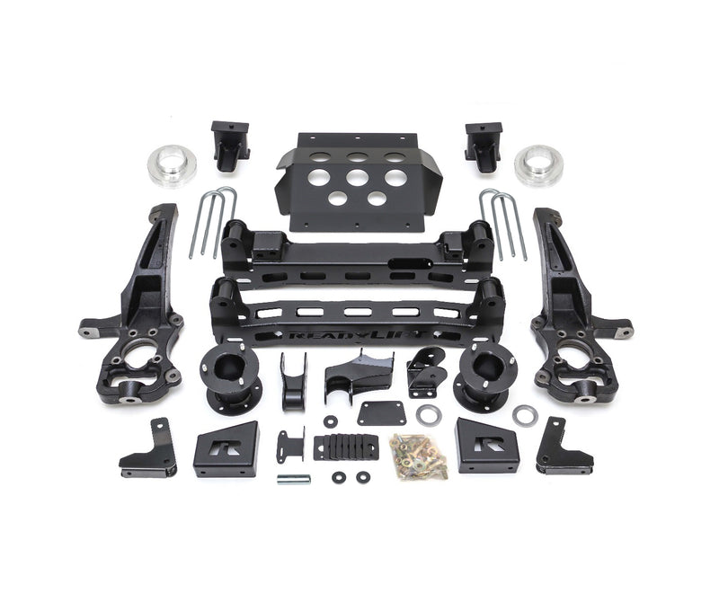ReadyLIFT Big Lift Kit, full kit on a studio background: ReadyLIFT GM 1500 lift kit with knuckles, crossmembers, skid plate, spacers, blocks, U-bolts and hardware on white