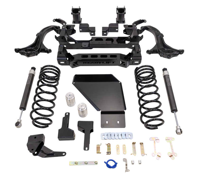 ReadyLIFT Big Lift Kit, full kit on a studio background: ReadyLIFT Tundra kit with knuckles, crossmember, skid plate, coil springs, shocks and hardware on a black background