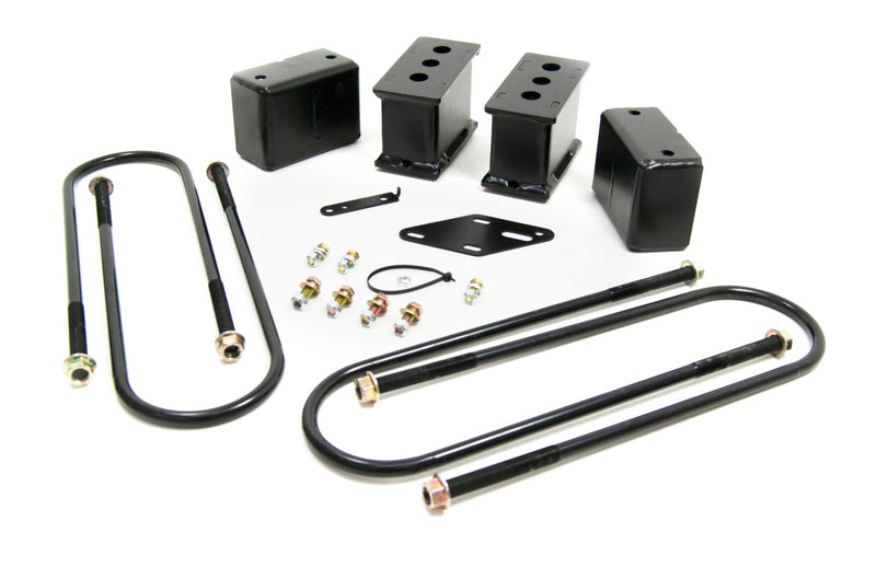 ReadyLIFT Block Kit, full kit on a studio background: black rear lift blocks, U-bolts, bracket and hardware on white
