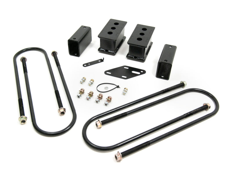 ReadyLIFT Block Kit, full kit on a studio background: black rear lift blocks, U-bolts, brackets and hardware on white