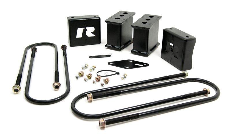 ReadyLIFT Block Kit, full kit on a studio background: black rear lift blocks with R logo, U-bolts, brackets and hardware on white