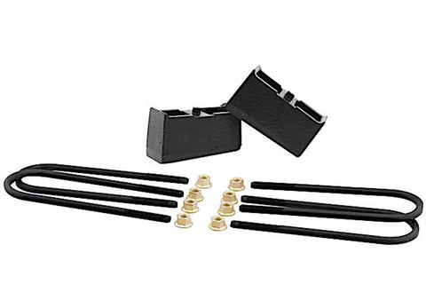 ReadyLIFT Block Kit, full kit on a studio background: two black cast tapered rear lift blocks with round black U-bolts and gold nuts on white