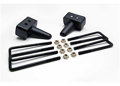 ReadyLIFT Block Kit, full kit on a studio background: two black OEM-style rear lift blocks with four square black U-bolts and gold nuts on a light gray background