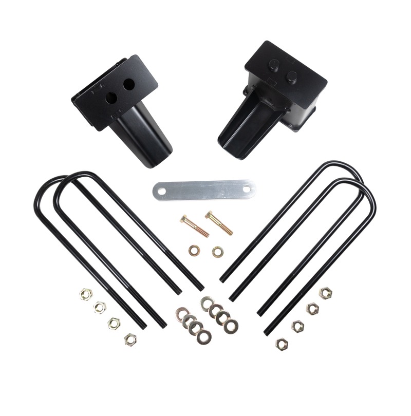 ReadyLIFT Block Kit, full kit on a studio background: two black rear blocks with U-bolts, a plate and nuts on a black background