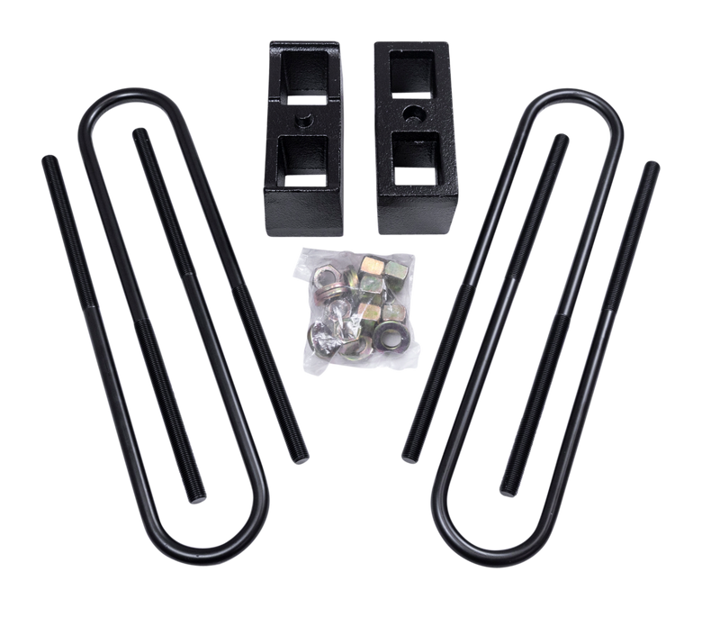 ReadyLIFT Block Kit, full kit on a studio background: two black rear blocks with U-bolts and bagged hardware on a black background
