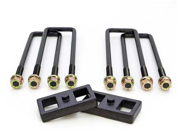 ReadyLIFT Block Kit, full kit on a studio background: two short black rear blocks with four U-bolts and nuts on white
