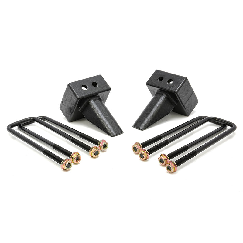 ReadyLIFT Block Kit, full kit on a studio background: two tall tapered black rear blocks with four U-bolts and nuts on white