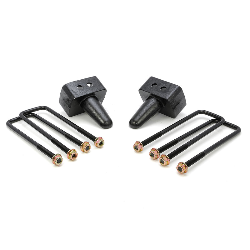 ReadyLIFT Block Kit, full kit on a studio background: two tapered black rear blocks with four U-bolts and nuts on white
