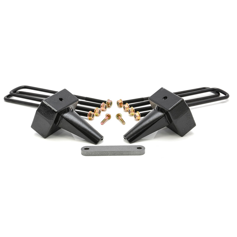 ReadyLIFT Block Kit, full kit on a studio background: two tapered black rear blocks with U-bolts, nuts and a plate on white