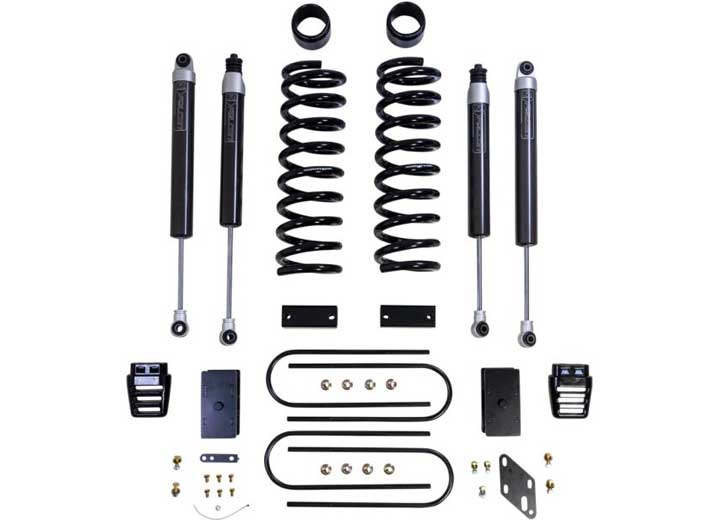 ReadyLIFT Coil Lift Kit, full kit on a studio background: coil springs, spacers, four Falcon shocks, rear blocks, U-bolts and radius arm drop brackets on white