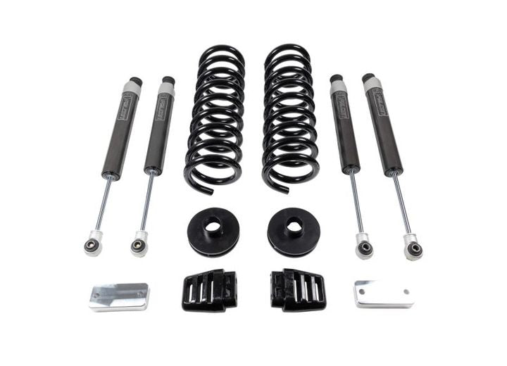 ReadyLIFT Coil Lift Kit, full kit on a studio background: two coil springs, four Falcon shocks, rear spacers and radius arm drop brackets on white