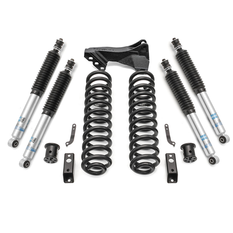 ReadyLIFT Coil Spring Front Lift Kit, full kit on a studio background: coil springs with track bar bracket, four Bilstein shocks and hardware on white