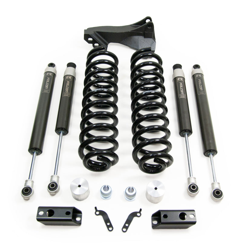 ReadyLIFT Coil Spring Front Lift Kit, full kit on a studio background: coil springs with track bar bracket, four Falcon shocks, spacers and brackets on white