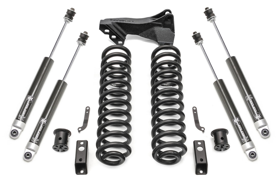 ReadyLIFT Coil Spring Front Lift Kit, full kit on a studio background: coil springs with track bar bracket, four gray Falcon shocks and hardware on white
