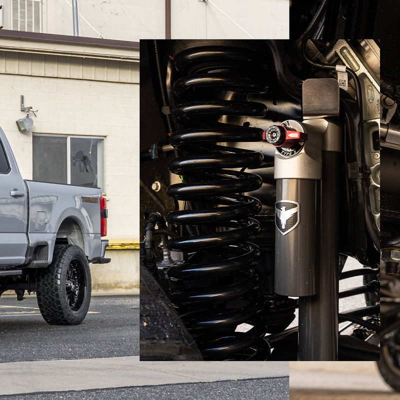 ReadyLIFT Coil Spring Front Lift Kit on a vehicle: collage of a gray Super Duty rear quarter with an inset of an installed coil spring and Falcon shock