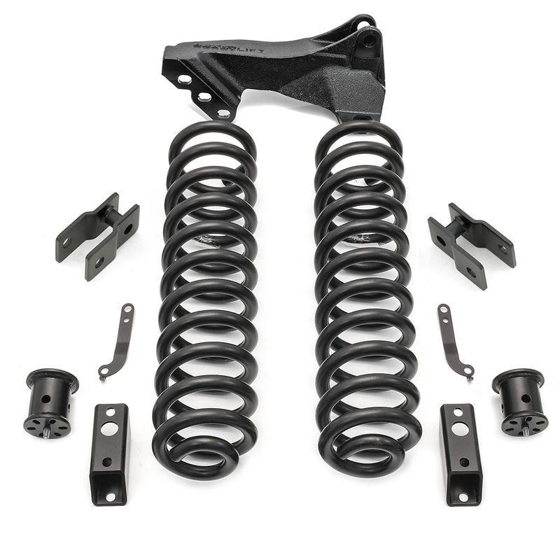 ReadyLIFT Coil Spring Front Lift Kit, full kit on a studio background: pair of tall black coil springs with a track bar bracket, spacers and brackets on white