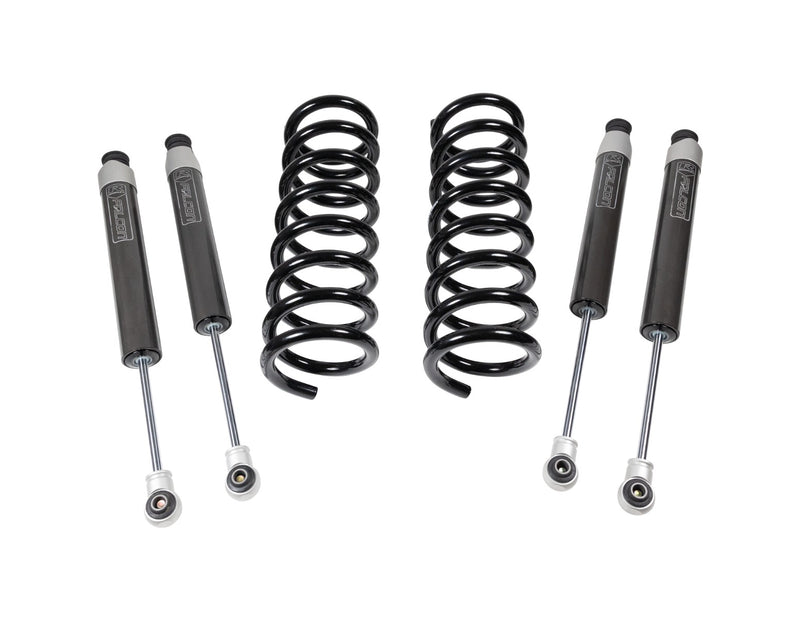 ReadyLIFT Coil Spring Leveling Kit, full kit on a studio background: pair of black coil springs with four Falcon shocks arranged on white
