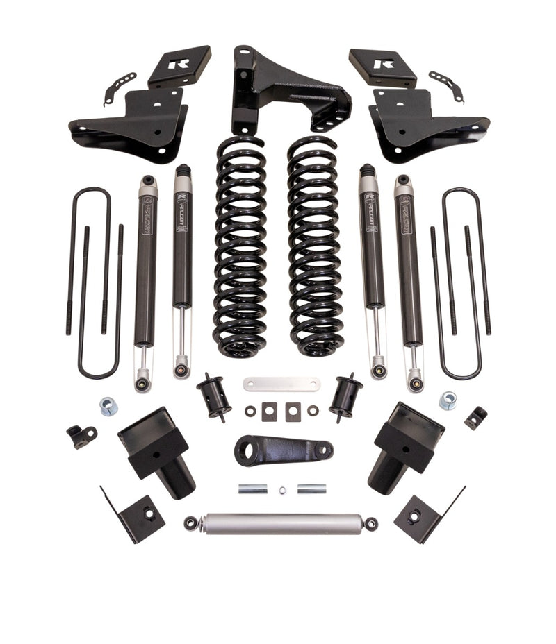 ReadyLIFT Coil Spring Lift Kit, full kit on a studio background: ReadyLIFT Super Duty kit with coil springs, brackets, Falcon shocks, steering stabilizer, U-bolts and hardware on white