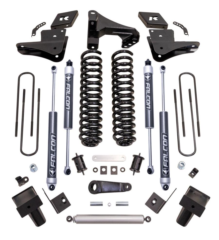 ReadyLIFT Coil Spring Lift Kit, full kit on a studio background: ReadyLIFT Super Duty kit with coil springs, brackets, four Falcon shocks, stabilizer, blocks and U-bolts on white