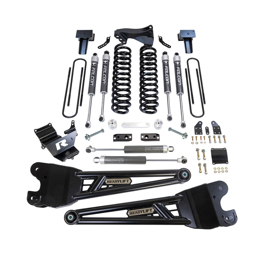 ReadyLIFT Coil Spring Lift Kit, full kit on a studio background: ReadyLIFT Super Duty kit with radius arms, coil springs, Falcon shocks, stabilizer, brackets and hardware on white