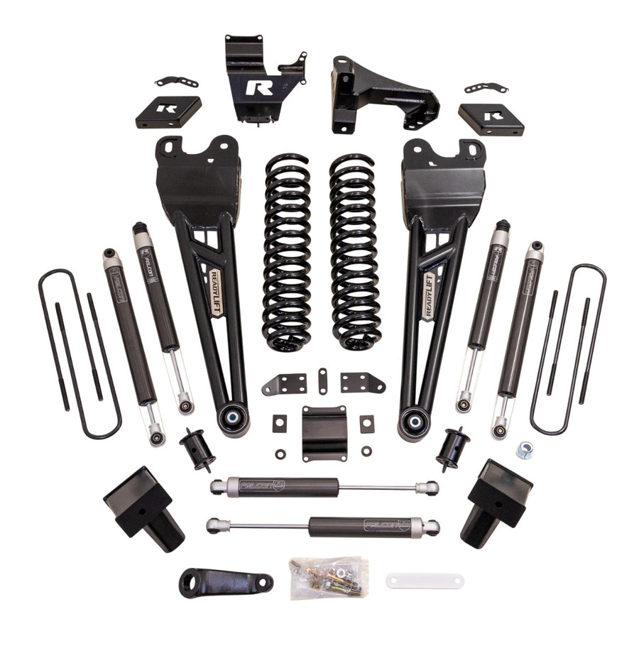 ReadyLIFT Coil Spring Lift Kit, full kit on a studio background: ReadyLIFT Super Duty kit with radius arms, coil springs, Falcon shocks, stabilizer, U-bolts and brackets on white