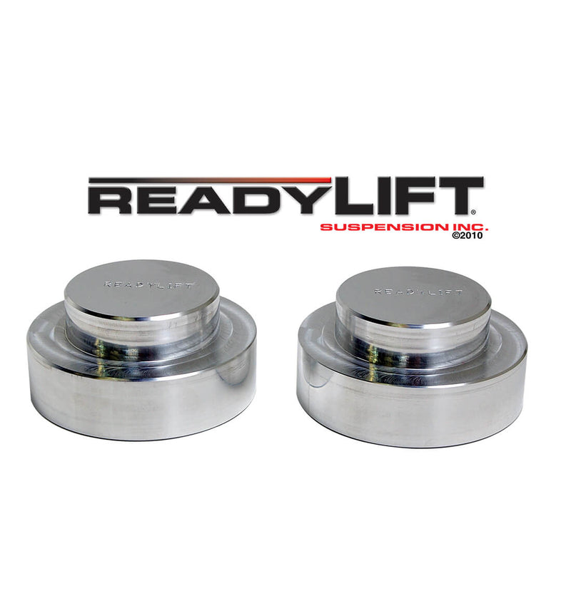 ReadyLIFT Coil Spring Spacer, full kit on a studio background: two machined aluminum rear coil spring spacers under a ReadyLIFT logo