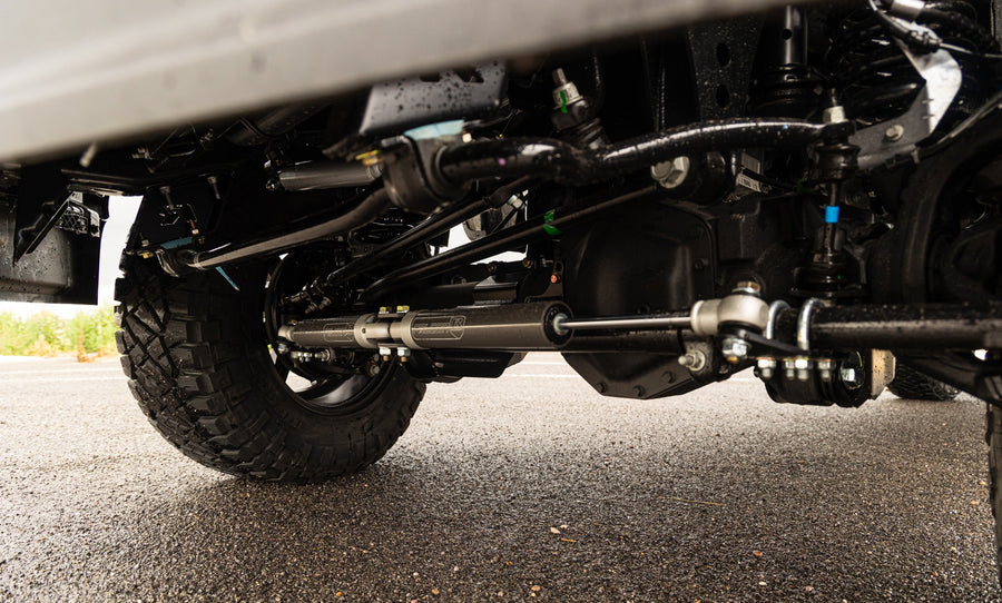 ReadyLIFT Coil Spring Suspension System on a vehicle: low view under a Super Duty front end showing installed radius arms, stabilizer and shocks