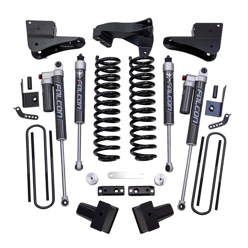 ReadyLIFT Coil Spring Suspension System, full kit on a studio background: ReadyLIFT Super Duty kit with coil springs, brackets, Falcon 3.3 reservoir shocks, blocks and U-bolts on white