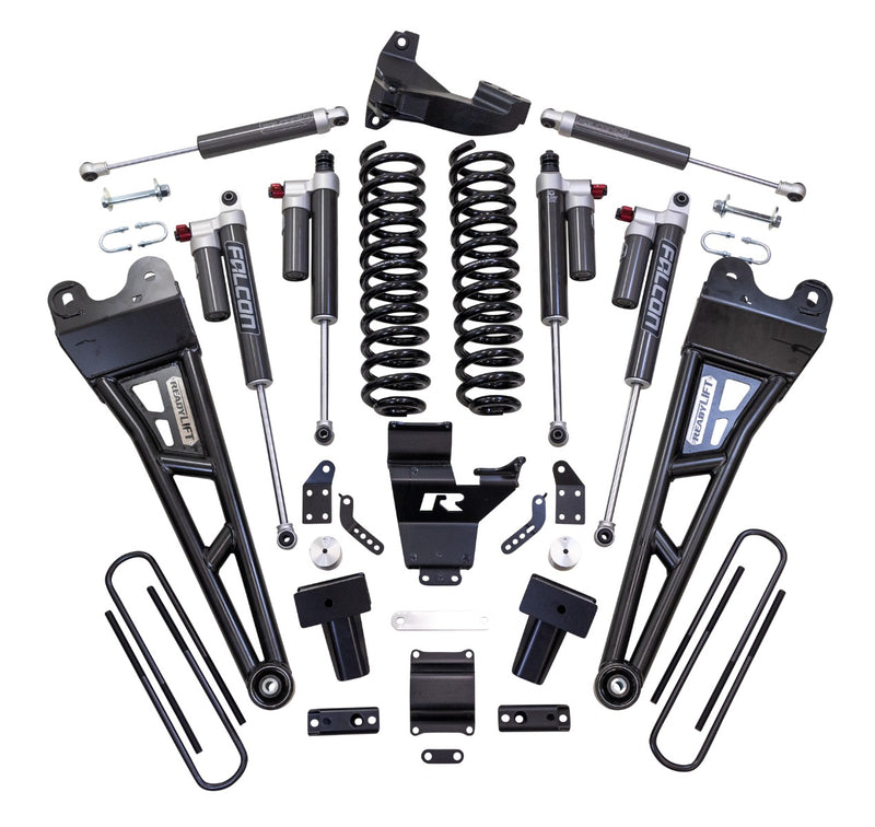 ReadyLIFT Coil Spring Suspension System, full kit on a studio background: ReadyLIFT Super Duty kit with radius arms, coil springs, Falcon reservoir shocks, brackets and U-bolts on white