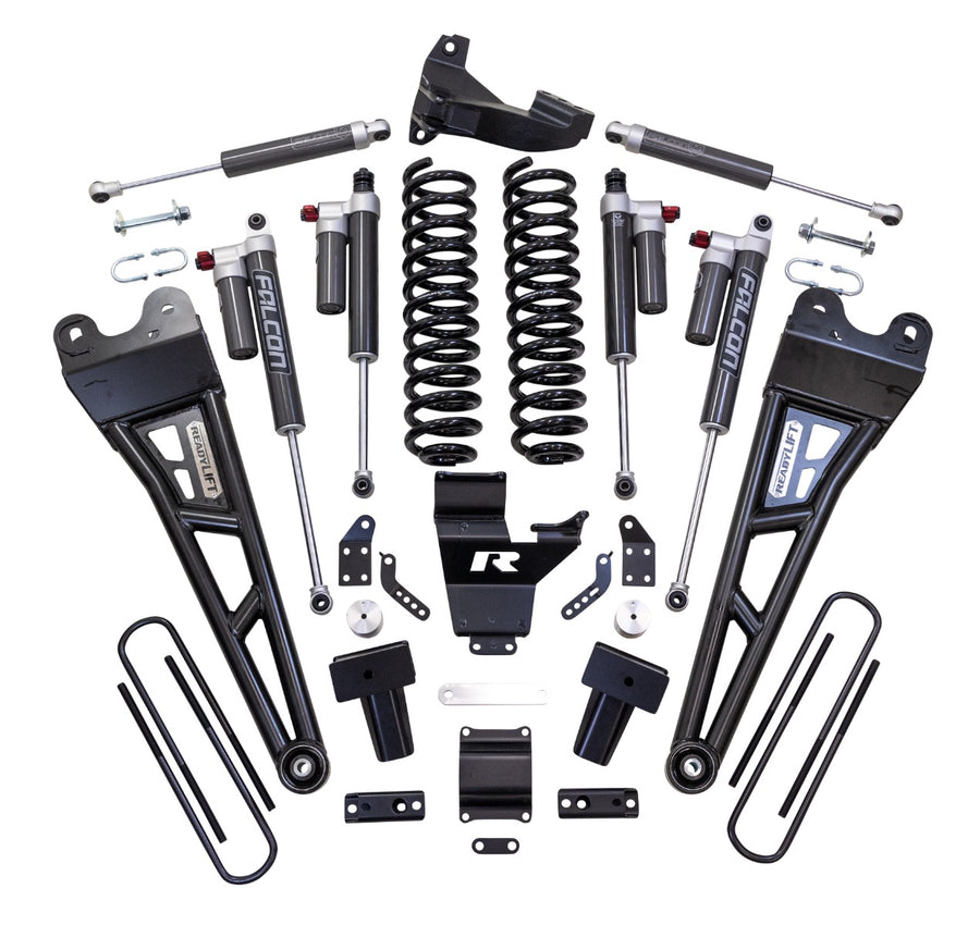 ReadyLIFT Coil Spring Suspension System, full kit on a studio background: ReadyLIFT Super Duty kit with radius arms, coil springs, Falcon reservoir shocks, brackets and U-bolts on white