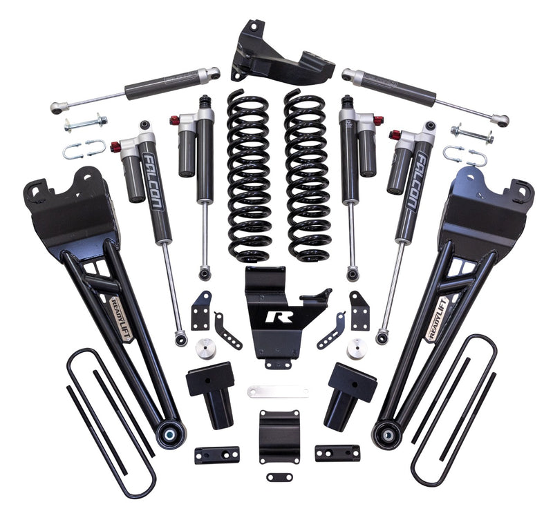 ReadyLIFT Coil Spring Suspension System, full kit on a studio background: ReadyLIFT Super Duty kit with radius arms, coil springs, Falcon reservoir shocks, brackets and U-bolts on white
