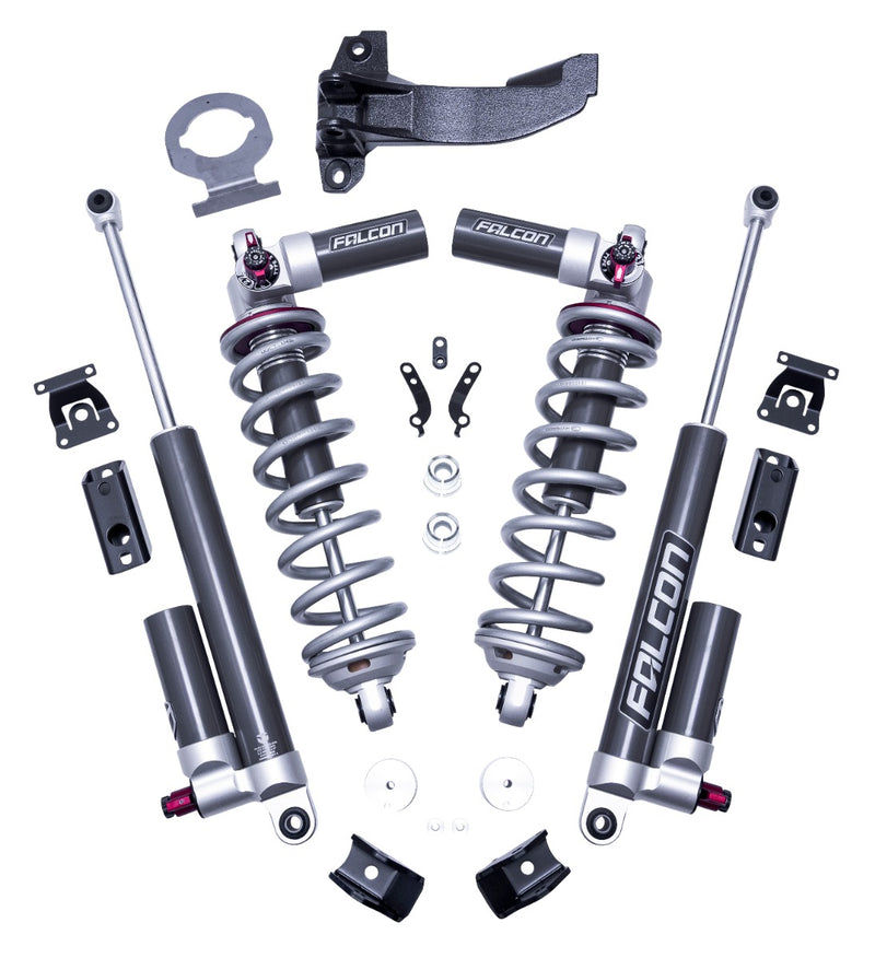 ReadyLIFT Coilover Front Lift Kit, full kit on a studio background: two Falcon 3.3 coilovers, two reservoir shocks, track bar bracket and spacers on white