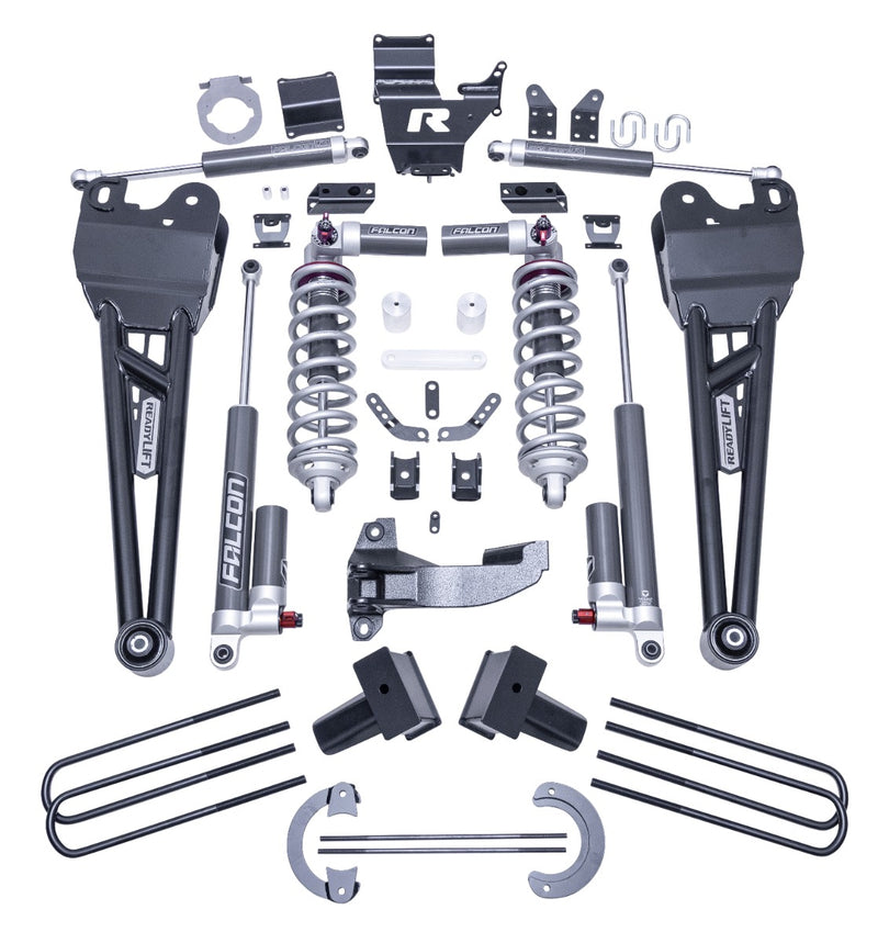 ReadyLIFT Coilover Suspension System, full kit on a studio background: ReadyLIFT Super Duty kit with radius arms, Falcon coilovers, reservoir shocks, stabilizer, blocks and U-bolts on white