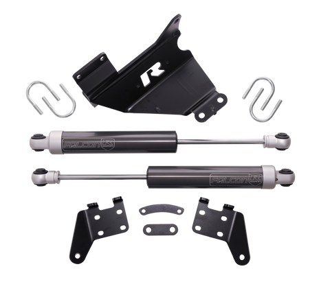 ReadyLIFT Dual Steering Stabilizer, full kit on a studio background: A black ReadyLIFT R bracket, two Falcon steering stabilizers, U-bolts and mounting brackets on a black background