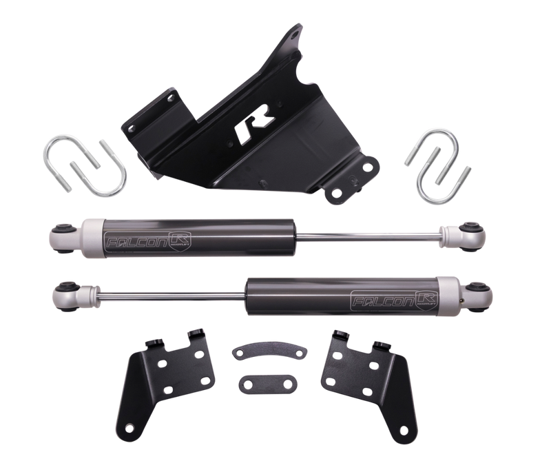 ReadyLIFT Dual Steering Stabilizer, full kit on a studio background: A black ReadyLIFT R bracket, two Falcon steering stabilizers, U-bolts and mounting brackets on a black background