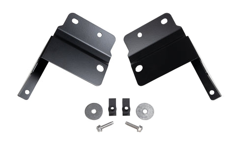 ReadyLIFT Front Inner Fender Bracket, full kit on a studio background: two black inner fender brackets with washers, clips and bolts on white