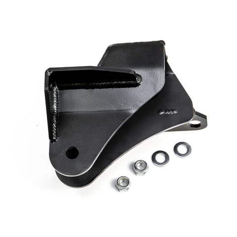 ReadyLIFT Front Track Bar Bracket, full kit on a studio background: A black welded front track bar bracket with nuts and washers on white
