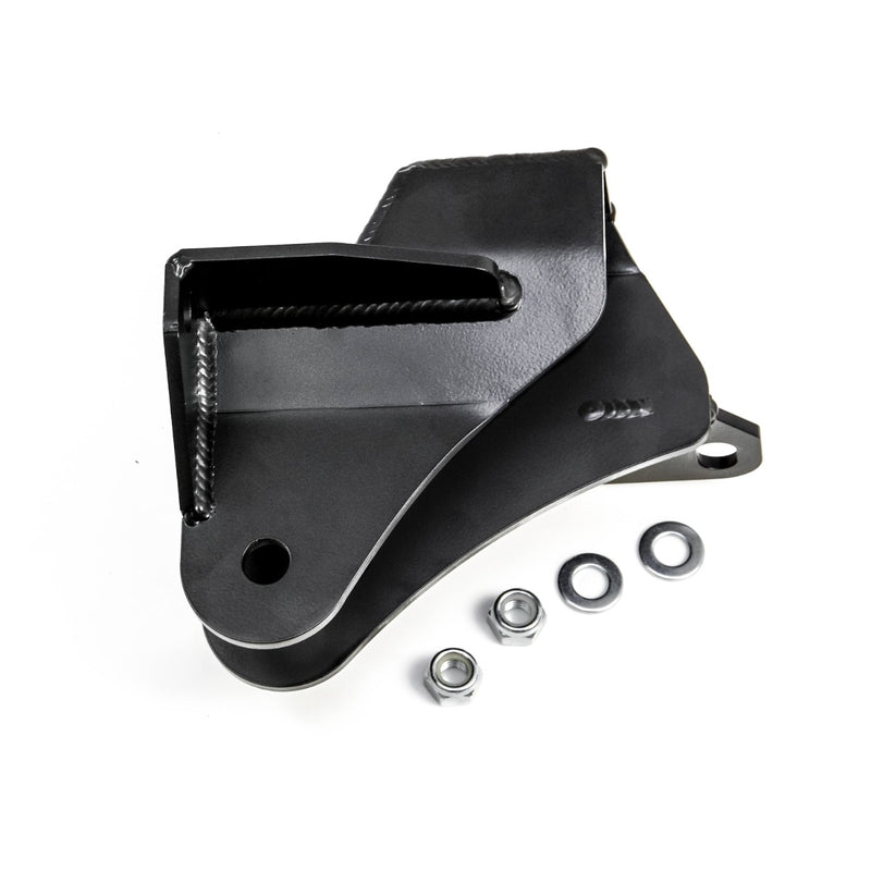 ReadyLIFT Front Track Bar Bracket, full kit on a studio background: A black welded front track bar bracket with nuts and washers on white