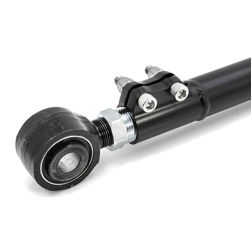 Close-up of the ReadyLIFT Front Track Bar: close-up of a black track bar end with bushing and clamp bolts on white