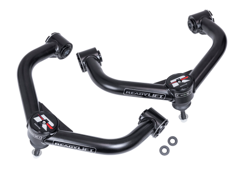ReadyLIFT Leveling and Big Lift Upper Control Arms, full kit on a studio background: pair of black ReadyLIFT tubular upper control arms with ball joints and washers on white