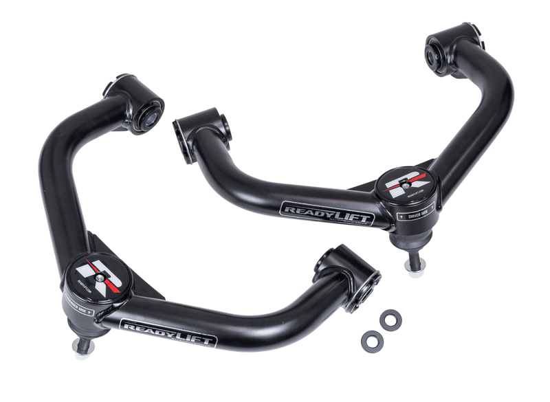 ReadyLIFT Leveling and Big Lift Upper Control Arms, full kit on a studio background: pair of black ReadyLIFT tubular upper control arms with ball joints and washers on white