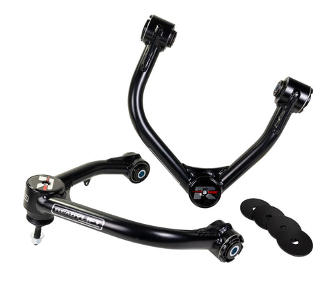 ReadyLIFT Leveling and Big Lift Upper Control Arms, full kit on a studio background: two black ReadyLIFT tubular upper control arms with red R caps and black washers on white