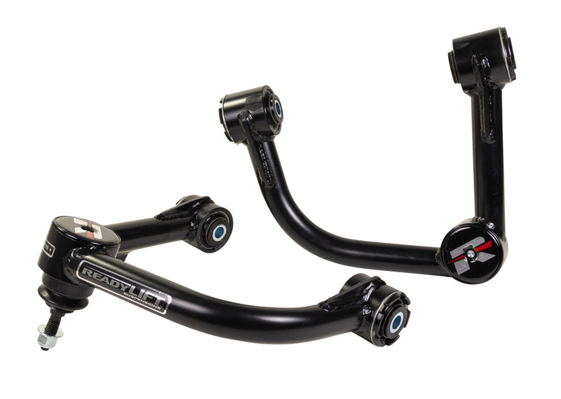 ReadyLIFT Leveling and Big Lift Upper Control Arms, full kit on a studio background: two black ReadyLIFT tubular upper control arms with red R caps on white